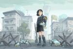  1girl backpack bag black_hair black_skirt black_sweater boots building day flag gloves gun hand_on_hip highres katakai knee_boots original outdoors pleated_skirt robot science_fiction short_hair skirt solo standing sweater town weapon white_gloves 