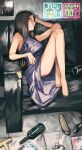  1girl bare_shoulders barefoot bottle breasts copyright_request couch cup dress drinking_glass high_heels highres holding idolmaster idolmaster_cinderella_girls long_hair looking_at_viewer messy_room nail_polish neon_lights sawarakajin solo wine_glass 