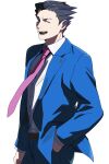  1boy ace_attorney belt black_hair blue_eyes blue_jacket blue_pants collared_shirt formal hand_in_pocket highres jacket long_sleeves looking_at_viewer male_focus necktie one_eye_closed open_mouth pants phoenix_wright pink_necktie roku_(bb8800xx) shirt short_hair simple_background smile solo spiky_hair suit white_background white_shirt 