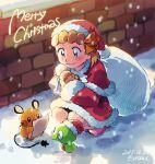  1girl blonde_hair blue_eyes blush bonnie_(pokemon) capelet christmas closed_mouth commentary_request dated dedenne dress elizabeth_(tomas21) fur-trimmed_capelet fur_trim hat holding holding_sack long_sleeves looking_down merry_christmas mittens orange_ribbon outdoors pink_footwear pokemon pokemon_(creature) pokemon_(game) pokemon_xy red_capelet red_dress red_headwear ribbon sack santa_costume santa_hat shoes smile snowing squatting zygarde zygarde_core 