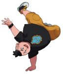  1boy :d black_eyes black_hair black_shirt capri_pants elizabeth_(tomas21) handstand highres male_focus open_mouth pants pokemon pokemon_(game) pokemon_xy shirt shoes short_hair short_sleeves simple_background smile solo spread_legs t-shirt tierno_(pokemon) undercut upside-down watch watch white_background 