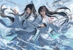  2boys artist_name bangs bishounen black_hair blue_sky chinese_clothes closed_mouth clouds commentary_request day expressionless floating_hair hair_ornament hair_ribbon hand_up hands_up hanfu headband high_ponytail holding holding_sword holding_weapon lan_wangji long_hair long_sleeves looking_at_another looking_at_viewer male_focus mo_dao_zu_shi multiple_boys open_mouth outdoors pants parted_bangs ponytail red_ribbon ribbon robe sash sidelocks sideways_glance sky smile standing sword teeth twitter_username usagishi very_long_hair water watermark weapon wei_wuxian white_headband white_pants white_robe white_sash wide_sleeves yellow_eyes 