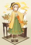 1girl aona_(noraneko) bangs blonde_hair braid branch brown_footwear brown_headwear drawer dress_shirt faux_figurine flower full_body green_skirt hair_flower hair_ornament haori hat highres holding holding_jar jacket japanese_clothes jar looking_at_viewer mary_janes medium_hair neck_ribbon orange_eyes orange_flower orange_ribbon original osmanthus personification petals ribbon shelf shirt shoes simple_background skirt smile smoke socks solo standing table twin_braids vase white_shirt white_socks window witch witch_hat wooden_floor yellow_background yellow_jacket 
