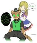  1boy 1girl animal_ears arm_warmers bangs black_pants black_shirt blonde_hair character_request copyright_request english_text five_nights_at_freddy&#039;s green_eyes green_vest hat highres himuhino japanese_clothes mizuhashi_parsee multicolored_clothes pants pointy_ears sash scarf shirt short_sleeves tail top_hat touhou vest weasel_ears weasel_tail white_sash white_scarf 