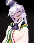  1girl :d black_background black_headwear grey_eyes grey_hair hands_in_opposite_sleeves hat head_tilt kagehito long_hair long_sleeves looking_at_viewer mononobe_no_futo open_mouth ponytail ribbon-trimmed_sleeves ribbon_trim simple_background smile solo tate_eboshi touhou wide_sleeves 