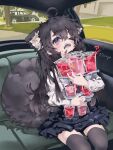  1girl absurdres ahoge animal_ears black_skirt black_thighhighs car_interior commentary cup extra_ears fangs fluffy hair_between_eyes highres holding holding_cup looking_at_viewer one_eye_closed oooohyo open_mouth original shirt sitting skirt solo tail teeth thigh-highs too_many violet_eyes white_shirt 