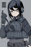  1girl bangs black_hair black_skirt brown_eyes closed_mouth gloves grey_background grey_gloves grey_jacket hair_between_eyes hand_up holding holding_knife index_finger_raised jacket knife looking_at_viewer original pleated_skirt sigama simple_background skirt solo 