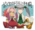  2girls animal_ears blue_eyes breasts closed_mouth gloves green_eyes long_hair looking_at_viewer multiple_girls pink_hair rabbit_ears smile tolone_(xenogears) twintails white_hair 