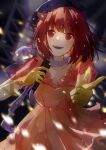  1girl absurdres arima_kana bangs blush dress gloves hat highres holding holding_microphone microphone music open_mouth oshi_no_ko puffy_short_sleeves puffy_sleeves qitenglanlanzi red_eyes redhead see-through see-through_sleeves short_hair short_sleeves singing smile solo standing yellow_dress yellow_gloves 