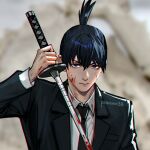  1boy bangs black_hair black_jacket black_necktie blood blood_on_clothes blood_on_face blue_eyes blurry blurry_background chainsaw_man collared_shirt hayakawa_aki holding holding_sword holding_weapon jacket katana looking_at_viewer mistermagnolia necktie shirt short_hair solo sweat sword topknot weapon white_shirt 