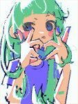  1girl :p aqua_hair backlighting bangs blue_eyes blue_nails blue_shirt blunt_bangs blurry blush_stickers chromatic_aberration close-up closed_mouth depth_of_field fingernails glitch green_hair hair_over_shoulder halftone halftone_texture hands_up heart heart_hands highres jaggy_lines long_hair looking_at_viewer looking_to_the_side nail_polish narrowed_eyes original raised_eyebrow shirt short_bangs short_sleeves solo t-shirt teru64 tongue tongue_out uneven_eyes upper_body white_background 