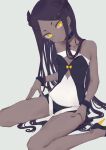  1girl absurdres bangs bare_shoulders black_hair choker commentary_request dark-skinned_female dark_skin diamond_cutout expressionless flat_chest hair_horns head_tilt high_heels highres indie_virtual_youtuber isanatori kuroboshi_kouhaku kuroboshi_kouhaku_(vtuber) long_hair looking_at_viewer original parted_bangs platform_footwear platform_heels short_eyebrows short_shorts shorts simple_background sitting solo very_long_hair virtual_youtuber wariza wrist_cuffs yellow_eyes 