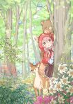  1girl :o animal animal_ears bangs bear bird blush brown_eyes brown_skirt bug butterfly capelet commentary_request deer ears_through_headwear fang flower forest frilled_skirt frills hair_between_eyes hands_up hood hood_up hooded_capelet long_sleeves nature original parted_lips peeking_out pink_hair pleated_skirt rabbit red_capelet shirt skirt sleeves_past_wrists solo tail thigh-highs tree wataame27 white_flower white_shirt white_thighhighs wolf-chan_(wataame27) wolf_ears wolf_girl wolf_tail 