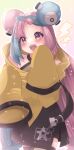  1girl :d absurdres aqua_hair bangs blush character_hair_ornament commentary_request hair_ornament happy highres iono_(pokemon) jacket long_hair multicolored_hair open_mouth pink_hair pokemon pokemon_(game) pokemon_sv sharp_teeth sleeves_past_fingers sleeves_past_wrists smile solo star_(symbol) star_print teeth twintails two-tone_hair upper_teeth yahagi_(yui1251) yellow_jacket 