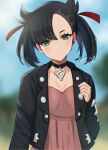 1girl asymmetrical_bangs bangs black_choker black_hair black_jacket blurry blurry_background blush choker closed_mouth commentary_request dated day dress earrings green_eyes hair_ribbon hand_up head_tilt highres jacket jewelry looking_at_viewer marnie_(pokemon) open_clothes open_jacket outdoors oyasu_(kinakoyamamori) pink_dress pokemon pokemon_(game) pokemon_swsh red_ribbon ribbon solo twintails