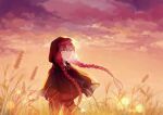  1girl bangs braid butterfly_ornament capelet clouds cloudy_sky fata_morgana_no_yakata field highres hood hood_up hooded_capelet light_smile long_braid long_hair looking_at_viewer morgana_(fata_morgana_no_yakata) orange_sky outdoors redhead sky smile solo sunset twin_braids wheat wheat_field wind winniconan yellow_eyes 