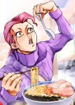 1boy bowl chopsticks commentary commentary_request eating food highres holding holding_chopsticks indoors jojo_no_kimyou_na_bouken long_sleeves looking_at_object male_focus meat noodles ooranokohaku open_mouth pink_eyes pink_hair sitting solo teeth upper_teeth vinegar_doppio