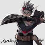  1boy absurdres ahoge asta_(black_clover) bangs belt black_bull_(emblem) black_capelet black_clover black_headband black_pants brown_belt capelet copyright_name green_eyes grey_hair headband highres holding holding_sword holding_weapon katana long_bangs looking_at_viewer muscular muscular_male pants pectoral_cleavage pectorals prayudi555 shirt signature sleeveless sleeveless_shirt solo spiky_hair sword weapon white_shirt 