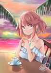  absurdres alternate_costume bangs beach breasts chest_jewel earrings highres jewelry large_breasts ocean pyra_(xenoblade) red_eyes redhead short_hair sofusan1526 solo swept_bangs xenoblade_chronicles_(series) xenoblade_chronicles_2 