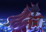  2girls arm_garter blurry blurry_background bow brown_hair daiwa_scarlet_(scarlet_nuit_etoile)_(umamusume) daiwa_scarlet_(umamusume) dress ear_covers from_behind fur-trimmed_jacket fur_trim hair_bow head_on_another&#039;s_shoulder highres horse_girl hoyon jacket knee_up leaning_on_person long_hair long_sleeves multiple_girls night outdoors pants red_dress red_jacket sitting umamusume vodka_(nonfreezing_aqua_vitae)_(umamusume) vodka_(umamusume) yuri 