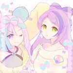  2girls bow-shaped_hair character_hair_ornament hair_ornament highres iono_(pokemon) jacket long_hair low-tied_long_hair miriam_(pokemon) multicolored_hair multiple_girls pink_eyeliner pink_hair pokemon pokemon_(game) pokemon_sv sanyaso school_nurse twintails two-tone_hair very_long_hair x yellow_jacket 