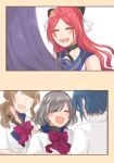  6+girls :d ^_^ aizawa_kazuha assault_lily bangs bare_shoulders black_choker black_shirt blue_hair blue_sailor_collar blurry blurry_background blurry_foreground blush bow bowtie brown_hair choker closed_eyes commentary depth_of_field facing_another facing_away funada_kiito grey_hair hairpods hand_up herensuge_girls_academy_school_uniform holding_hands iijima_renka jacket long_hair long_sleeves low_ponytail lower_teeth multicolored_hair multiple_girls nigari_(ngari_0115) no_eyes o-ring o-ring_choker odaiba_girls_high_school_uniform open_mouth out_of_frame parted_bangs pink_bow pink_bowtie purple_hair redhead sailor_collar sasaki_ran school_uniform serafuku shiba_tomoshibi shirt short_hair side_ponytail simple_background sleeveless sleeveless_shirt sleeves_past_wrists smile streaked_hair swept_bangs teeth upper_body white_background white_jacket white_shirt yellow_background 