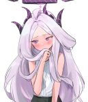  absurdres ahoge bangs blue_archive blush demon_horns halo highres hina_(blue_archive) horns long_hair looking_away multiple_horns nonoa parted_bangs purple_horns violet_eyes white_hair 