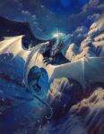  absurdres clouds cloudy_sky commentary commission dragon english_commentary fantasy fighting flying from_above highres mountain night no_humans original philipp_urlich river scenery second-party_source sky town 