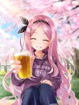  1girl alcohol bangs beer black_headband blush bow cafe_stella_to_shinigami_no_chou chaamii cherry_blossoms closed_eyes clothes_writing collarbone cup eyebrows_hidden_by_hair eyelashes forehead grass grin hand_on_own_knee happy headband highres holding holding_cup hood hoodie legs_together lips long_hair long_sleeves looking_at_viewer outstretched_arm pants park parted_bangs pink_hair purple_hoodie shioyama_suzune sitting smile solo striped striped_bow striped_headband teeth tree very_long_hair watermark wavy_hair yuzu-soft 