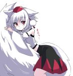  1girl animal_ears bangs bare_shoulders black_skirt highres inubashiri_momiji looking_at_viewer open_mouth pokopoko_ponzu pom_pom_(clothes) red_eyes shirt short_hair simple_background skirt solo tail touhou white_background white_hair white_shirt white_sleeves wolf_ears wolf_girl wolf_tail 