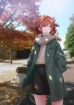 1girl absurdres akibin_(akibin_drawing) autumn bangs black_skirt blurry blurry_background brown_hair coat cropped_legs day green_coat grey_scarf hands_in_pockets highres higuchi_madoka idolmaster idolmaster_shiny_colors leaf noctchill_(idolmaster) open_clothes open_coat outdoors parted_lips scarf shirt short_hair skirt solo swept_bangs tree violet_eyes white_shirt 