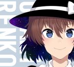  1girl absurdres bangs black_headwear blue_background blue_eyes blush bow brown_hair character_name closed_mouth collared_shirt constellation fedora hat hat_bow highres looking_at_viewer shirt smile solo toroke_mochi touhou upper_body usami_renko white_bow 