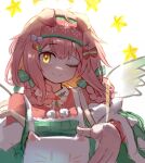  1girl ;) animal_ears apron ark_bone arknights arm_up bow braid cat_ears christmas diamond-shaped_pupils diamond_(shape) floppy_ears goldenglow_(arknights) green_apron green_bow hair_bow hair_ornament hairband long_hair looking_at_viewer official_alternate_costume one_eye_closed pink_hair pink_hairband pink_sweater red_bow simple_background sketch smile solo split_mouth star_(sky) sweater symbol-shaped_pupils upper_body white_background white_bow x_hair_ornament yellow_eyes 