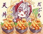  1girl absurdres antennae apron arknights bangs benizika black_shirt bowl character_request chibi copyright_request demon_horns fang food food_focus highres horns open_mouth red_apron red_eyes red_horns shirt short_sleeves tempura w_(arknights) white_hair 