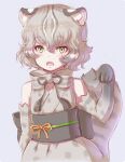  1girl animal_ears animal_print blush bow bowtie cat_ears cat_girl cat_print cat_tail cowboy_shot elbow_gloves gloves green_eyes grey_hair highres japanese_clothes kemono_friends kimono kosai_takayuki multicolored_hair obi open_mouth orange_bow print_bow print_bowtie print_gloves print_kimono sash short_hair sleeveless solo tail tsushima_leopard_cat_(kemono_friends) 