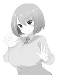  1girl blush bob_cut breasts greyscale hands_up highres large_breasts long_sleeves looking_at_viewer monochrome necktie onsoku_inu original school_uniform shrug_(clothing) simple_background solo striped_necktie sweater white_background 