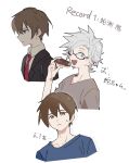  2boys bangs black_jacket blue_eyes blue_shirt bright_pupils brown_eyes brown_hair brown_shirt chinese_commentary closed_mouth collared_shirt commentary_request doughnut food formal glasses hair_between_eyes highres holding holding_food jabuchi_you jacket kanou_aogu male_focus multiple_boys necktie open_mouth parted_lips red_necktie saibou_shinkyoku shirt short_hair short_sleeves smile suit suit_jacket sweat translation_request white_hair white_pupils white_shirt wobuzaia 