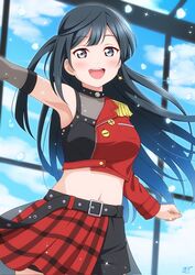  1girl armpits asymmetrical_jacket asymmetrical_skirt bangs belt black_belt black_eyes black_hair black_shirt black_shorts blue_sky blush breasts buttons check_commentary checkered_clothes checkered_skirt clenched_hand clouds commentary_request detached_sleeves dive!_(love_live!) epaulettes eyelashes glass_wall half-skirt hand_up haruharo_(haruharo_7315) highres jacket long_hair long_sleeves looking_at_viewer love_live! love_live!_nijigasaki_high_school_idol_club medium_breasts midriff navel open_mouth red_jacket red_skirt see-through shirt shorts side_ponytail signature single_epaulette skirt sky smile solo tank_top teeth upper_teeth water_drop yuuki_setsuna_(love_live!) 