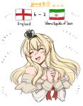  1girl 2022_fifa_world_cup blush braid check_commentary closed_eyes commentary_request cropped_torso crown dress english_flag flag french_braid hair_between_eyes iranian_flag jewelry kantai_collection long_hair mini_crown necklace off-shoulder_dress off_shoulder open_mouth simple_background sketch soccer solo suda_(yuunagi_enikki) upper_body warspite_(kancolle) white_background world_cup 