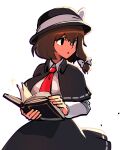  1girl black_capelet black_eyes black_headwear black_skirt book braid brown_hair capelet collared_shirt hat hat_ribbon highres holding holding_book iganashi1 looking_to_the_side necktie one-hour_drawing_challenge open_mouth red_necktie ribbon shirt short_hair side_braid simple_background single_braid skirt solo touhou upper_body usami_renko white_background white_ribbon white_shirt 
