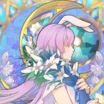  1girl absurdres animal_ears baozijiaozihaishitangyuan bouquet chinese_commentary closed_mouth commentary_request eyebrows_hidden_by_hair eyelashes fingernails floppy_ears flower from_side half-closed_eyes highres holding holding_bouquet lily_(flower) long_hair looking_ahead profile purple_hair rabbit_ears rabbit_girl red_eyes reisen_udongein_inaba shirt short_sleeves solo stained_glass touhou upper_body white_flower white_shirt 