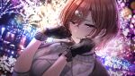  1girl black_gloves blurry bokeh breasts breath brown_hair depth_of_field dutch_angle floral_print gloves higuchi_madoka idolmaster idolmaster_shiny_colors jacket jacket_on_shoulders looking_at_viewer medium_breasts mole mole_under_eye night official_art outdoors red_eyes short_hair solo upper_body wavy_hair 