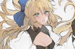  1girl artoria_caster_(fate) artoria_caster_(third_ascension)_(fate) artoria_pendragon_(fate) bangs black_gloves blonde_hair blue_bow blush bow bracelet breasts closed_mouth dress fate/grand_order fate_(series) gloves green_eyes hair_bow jewelry long_hair long_sleeves looking_at_viewer medium_breasts rhombus smile white_background white_dress yurumawari 