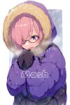  1girl bangs belt black_gloves character_name echo_(circa) fate/grand_order fate_(series) glasses gloves hair_over_one_eye hood hooded_jacket jacket light_purple_hair long_sleeves mash_kyrielight open_mouth pouch purple_jacket short_hair solo violet_eyes 