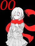  alternate_hair_color arm_at_side bangs black_background clenched_hand closed_mouth enpera false_smile floating_scarf hair_between_eyes hair_ornament hairclip half-closed_eyes hand_on_own_chest highres kagerou_project lonely long_hair long_sleeves looking_down mekakucity_actors neckerchief numbered partially_colored pleated_skirt red_eyes red_scarf scarf school_uniform serafuku simple_background sketch skirt sleeve_cuffs smile solo spot_color tateyama_ayano white_hair white_neckerchief yuru 