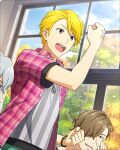  3boys blonde_hair brown_eyes brown_hair buttons clenched_hands green_hair hair_over_one_eye hazama_michio idolmaster idolmaster_side-m idolmaster_side-m_growing_stars jewelry maita_rui male_focus multiple_boys necklace official_art open_clothes open_mouth open_shirt out_of_frame shirt short_sleeves teeth third-party_source tree upper_body upper_teeth window yamashita_jiro 
