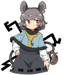  1girl animal animal_ears blue_capelet blush capelet closed_mouth dress grey_dress grey_hair highres ini_(inunabe00) jewelry long_sleeves mouse mouse_ears mouse_tail nazrin pendant red_eyes short_hair simple_background solo tail touhou white_background 