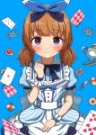  1girl absurdres akatsuki_(artakatuki) alice_(alice_in_wonderland) alice_(alice_in_wonderland)_(cosplay) bangs blue_background blue_eyes blunt_bangs blush brown_hair card cookie cosplay cup dress food highres idolmaster idolmaster_million_live! idolmaster_million_live!_theater_days looking_at_viewer neck_ribbon pinafore_dress playing_card puffy_short_sleeves puffy_sleeves ribbon short_sleeves short_twintails sleeves_past_wrists solo suou_momoko teacup twintails 