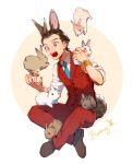  1boy ace_attorney animal animal_ears apollo_justice blue_necktie bracelet brown_eyes brown_hair buttons collared_shirt crossed_legs english_text hi-fi_(fijazzy) holding holding_animal invisible_chair jewelry kemonomimi_mode male_focus necktie open_mouth pocket rabbit rabbit_tail red_vest shirt shoes sitting sleeves_rolled_up tail vest white_shirt 