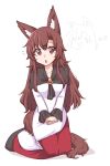  1girl :o animal_ears brooch brown_hair imaizumi_kagerou jewelry looking_at_viewer notice_lines own_hands_together red_eyes red_skirt seiza shirt simple_background sitting skirt solo tail touhou white_background white_shirt wolf_ears wolf_tail wool_(miwol) 